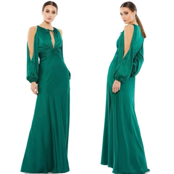 Mac Duggal Green Tied Keyhole Cold Shoulder Bishop Sleeve Gown Womens 14 Dress - Picture 1 of 12